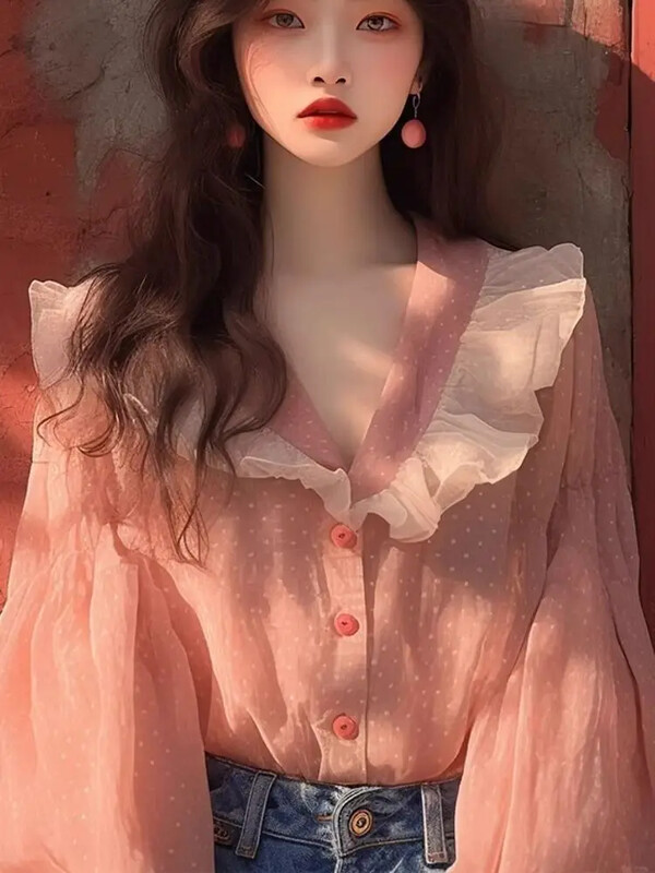 Täpilised Vintage naiste pluusid Kevad/suvi Uued lapitööd Korea särgid Vaba volangiga V-kaelusega naiste rõivaste müük