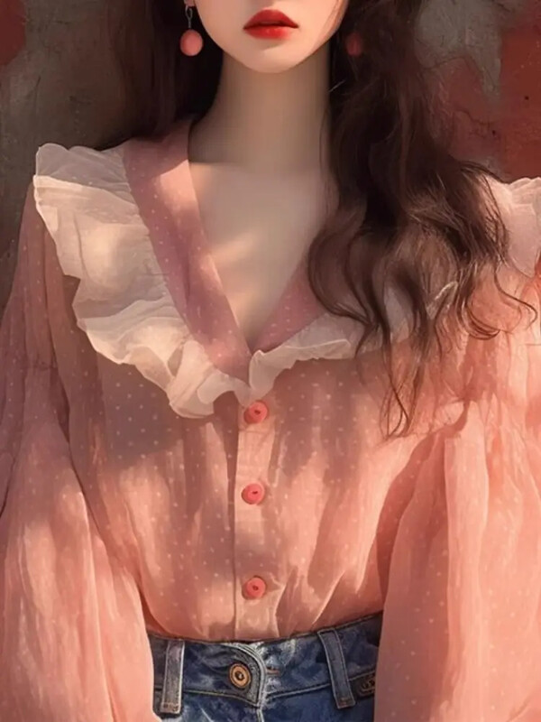 Täpilised Vintage naiste pluusid Kevad/suvi Uued lapitööd Korea särgid Vaba volangiga V-kaelusega naiste rõivaste müük