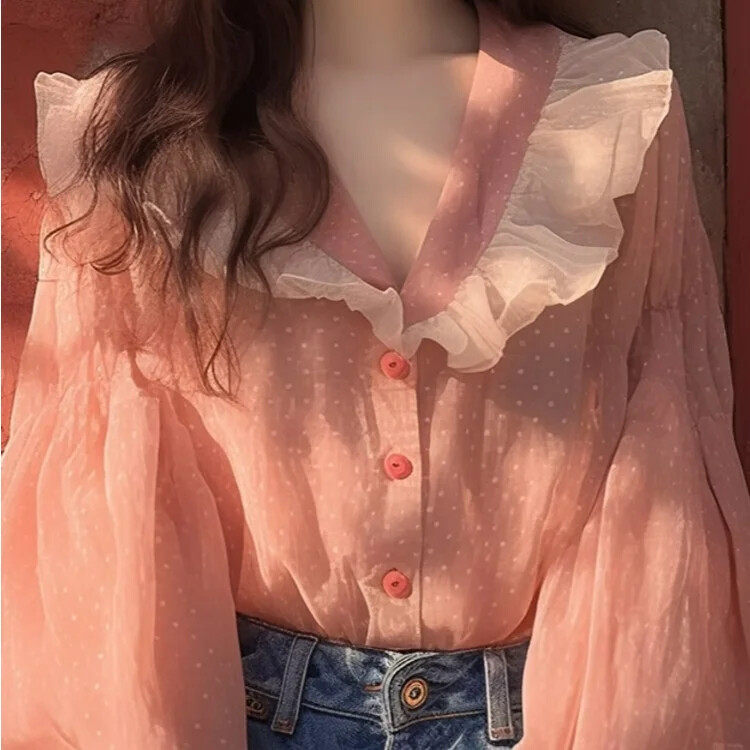 Täpilised Vintage naiste pluusid Kevad/suvi Uued lapitööd Korea särgid Vaba volangiga V-kaelusega naiste rõivaste müük