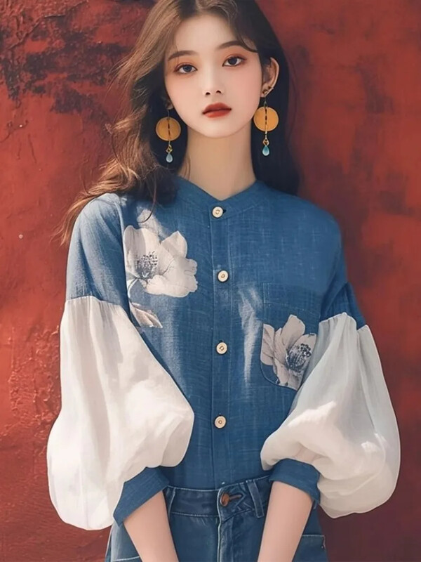 Vintage naiste särgid Kevad/suvi Uued šifoonitrükiga naiste pluusid, avarad pikkade varrukatega Korea rõivaste müük