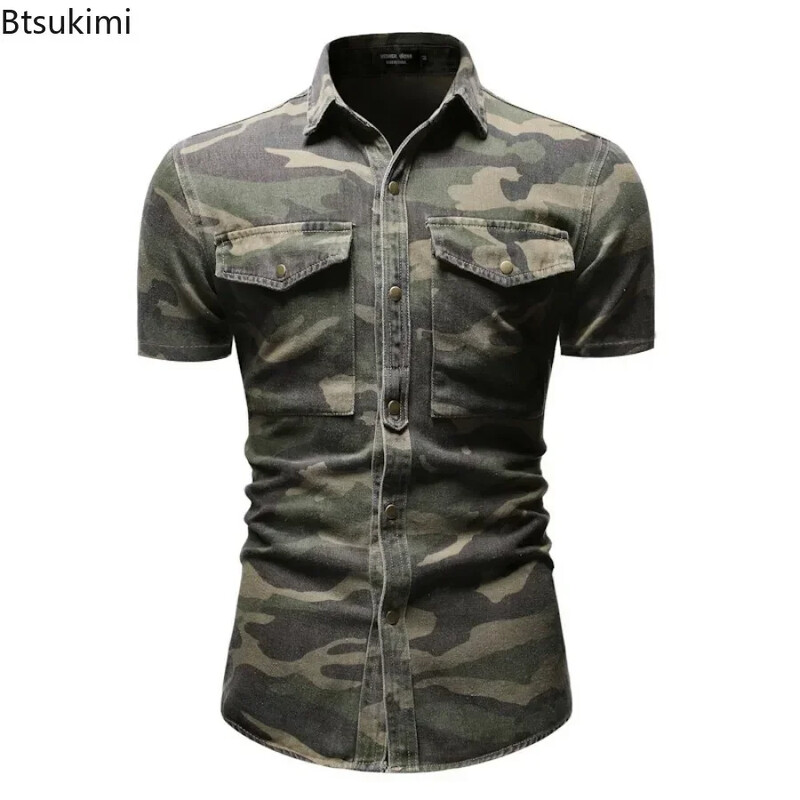 Nauji 2025 m. vyriški džinsiniai marškiniai Madingi minkšti atvarteliai kamufliažiniai marškiniai Striukė Vyriškas laisvalaikio plonas laipiojimo lauke kaubojus marškinėliai Vyriški