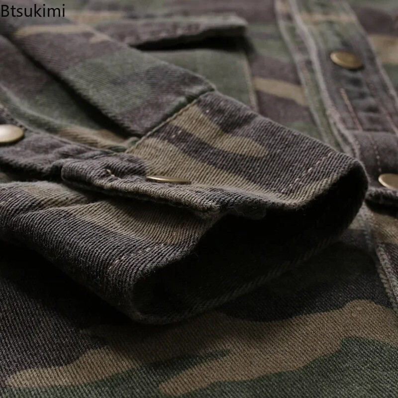 Nauji 2025 m. vyriški džinsiniai marškiniai Madingi minkšti atvarteliai kamufliažiniai marškiniai Striukė Vyriškas laisvalaikio plonas laipiojimo lauke kaubojus marškinėliai Vyriški