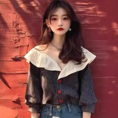 2024. gada agrā rudens jauna NicheDesign SensibilityTopPetite unikāls melnbalts svītru krekls, kas samazina vecumu lelles apkakle ar pogu