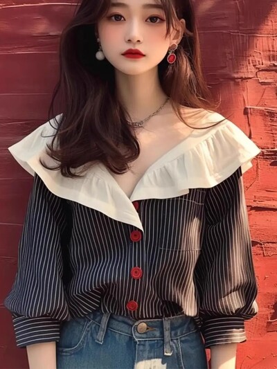 2024. gada agrā rudens jauna NicheDesign SensibilityTopPetite unikāls melnbalts svītru krekls, kas samazina vecumu lelles apkakle ar pogu