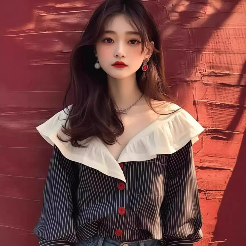 2024. gada agrā rudens jauna NicheDesign SensibilityTopPetite unikāls melnbalts svītru krekls, kas samazina vecumu lelles apkakle ar pogu