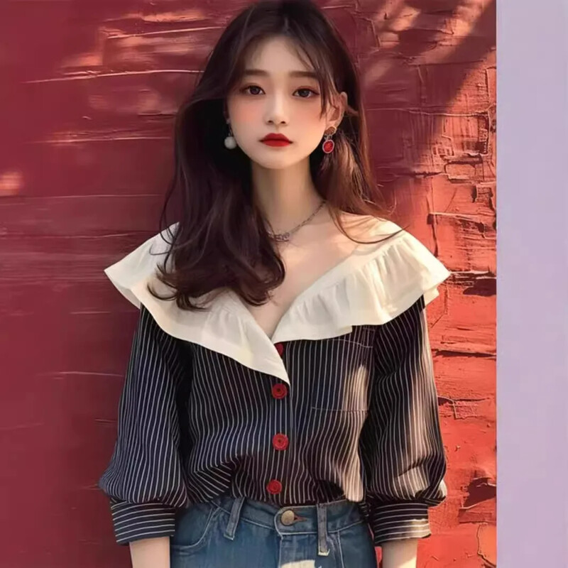 2024. gada agrā rudens jauna NicheDesign SensibilityTopPetite unikāls melnbalts svītru krekls, kas samazina vecumu lelles apkakle ar pogu