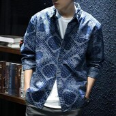 2023 m. rudens ir žiemos vyriški vintažiniai marškiniai su gėlėmis, džinsiniai, laisvi, madingi mėlyni ilgomis rankovėmis polo marškinėliai su kaklu