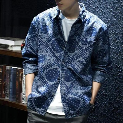 2023 m. rudens ir žiemos vyriški vintažiniai marškiniai su gėlėmis, džinsiniai, laisvi, madingi mėlyni ilgomis rankovėmis polo marškinėliai su kaklu