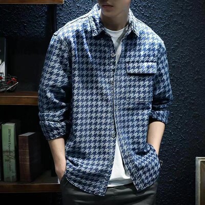 2023 m. rudens ir žiemos vyriški vintažiniai marškiniai su gėlėmis, džinsiniai, laisvi, madingi mėlyni ilgomis rankovėmis polo marškinėliai su kaklu