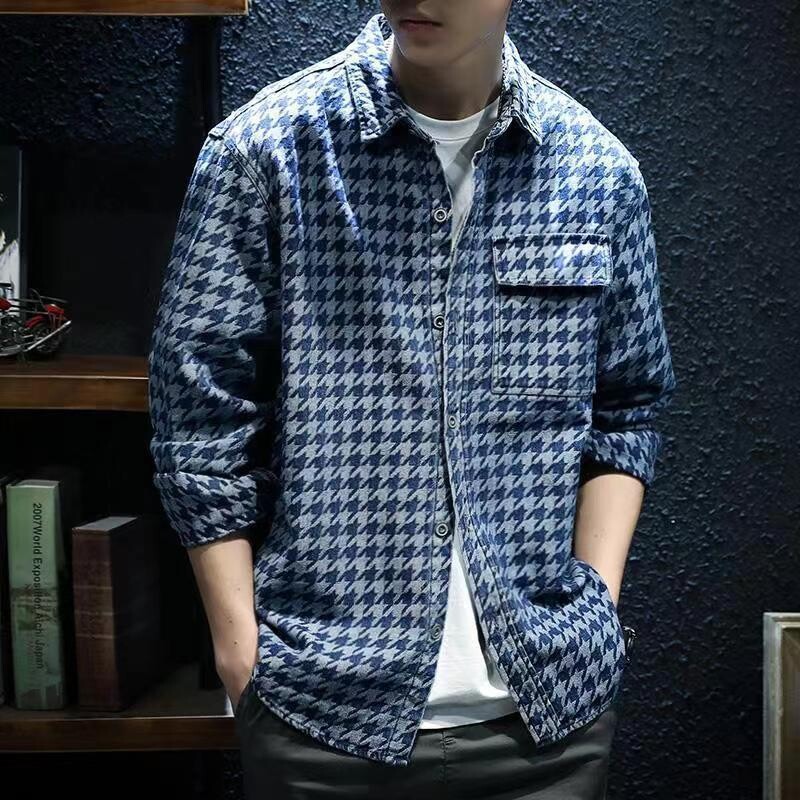 2023 m. rudens ir žiemos vyriški vintažiniai marškiniai su gėlėmis, džinsiniai, laisvi, madingi mėlyni ilgomis rankovėmis polo marškinėliai su kaklu