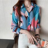 Spausdinti šifoniniai marškiniai moteriški ilgomis rankovėmis pavasario nauja korėjietiška versija Madingi, paprastas temperamentas, universalus laisvas viršus