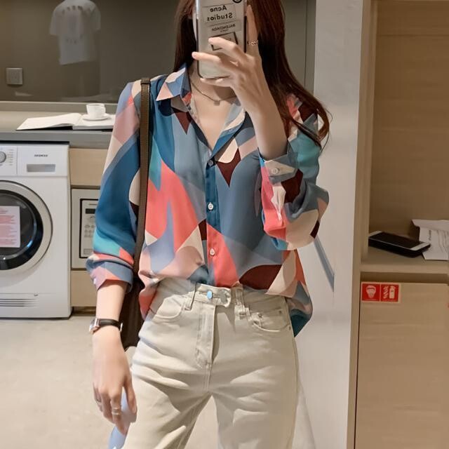 Spausdinti šifoniniai marškiniai moteriški ilgomis rankovėmis pavasario nauja korėjietiška versija Madingi, paprastas temperamentas, universalus laisvas viršus