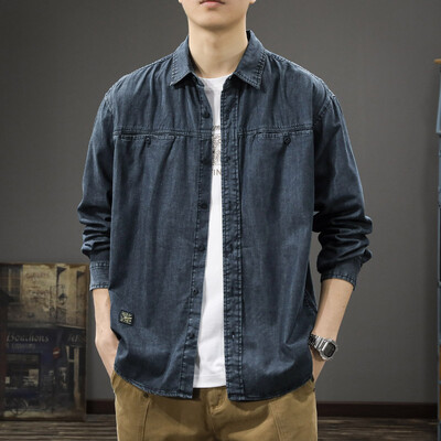 Pavasarį ir rudenį nauji amerikietiški vintažiniai skalbiniai seni džinsiniai marškiniai vyriški laisvi didelio dydžio įrankiai atvartas ilgomis rankovėmis marškiniai ploni paltai