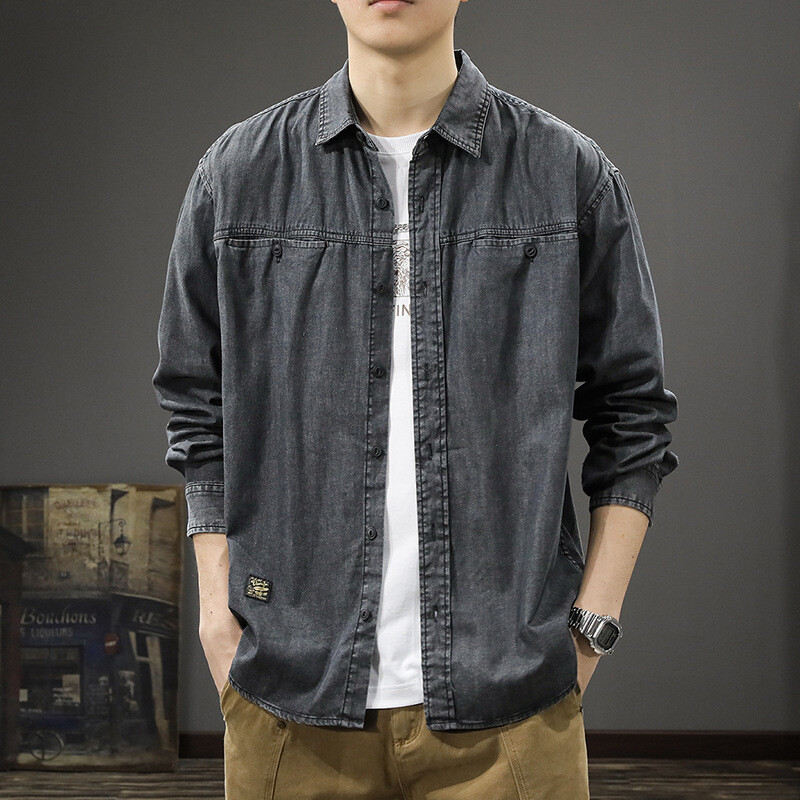 Pavasarį ir rudenį nauji amerikietiški vintažiniai skalbiniai seni džinsiniai marškiniai vyriški laisvi didelio dydžio įrankiai atvartas ilgomis rankovėmis marškiniai ploni paltai