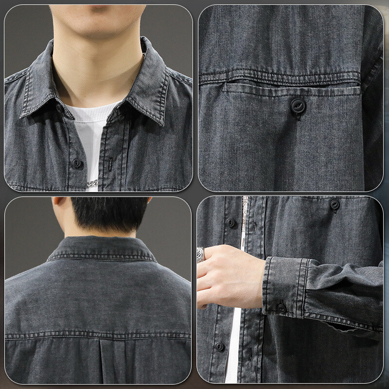 Pavasarį ir rudenį nauji amerikietiški vintažiniai skalbiniai seni džinsiniai marškiniai vyriški laisvi didelio dydžio įrankiai atvartas ilgomis rankovėmis marškiniai ploni paltai