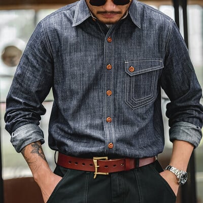 Maden Men Vintage Western Cowboy Denim Shirt с дълъг ръкав Горно облекло Tough Guy Shirt Мъжка памучна ежедневна риза XXL XXXL