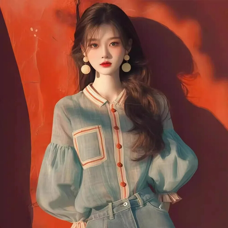 2024. aasta varasügis uue stiiliga särgi nišš, ainulaadne tipptasemel Korea vananemist vähendav piparmündiroheline latern varrukatega naiste topp