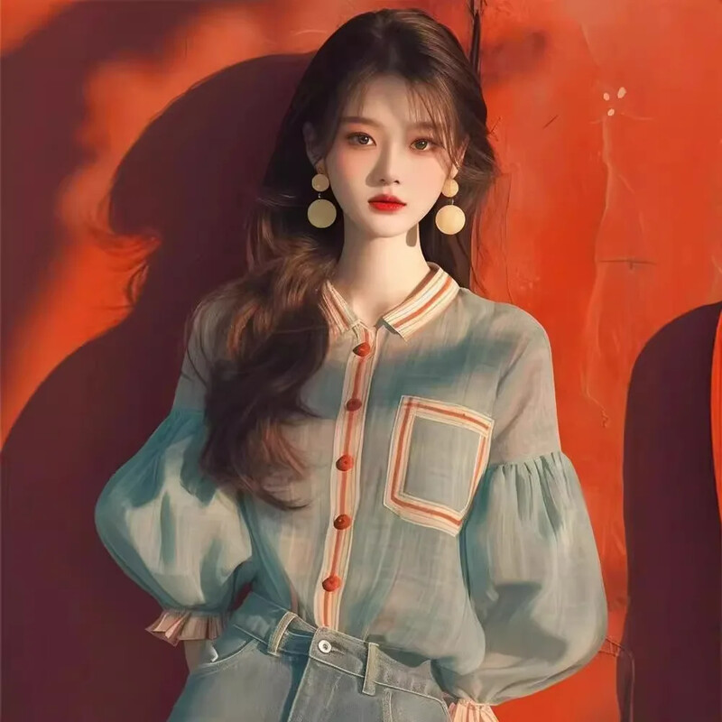 2024. aasta varasügis uue stiiliga särgi nišš, ainulaadne tipptasemel Korea vananemist vähendav piparmündiroheline latern varrukatega naiste topp