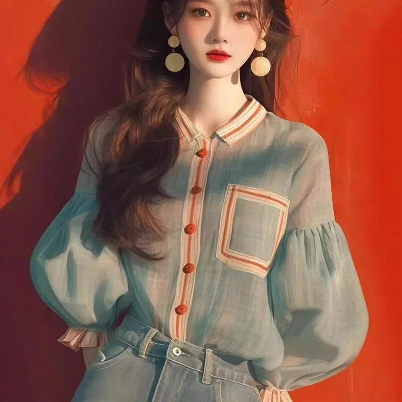 2024. aasta varasügis uue stiiliga särgi nišš, ainulaadne tipptasemel Korea vananemist vähendav piparmündiroheline latern varrukatega naiste topp