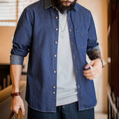 Maden Men Vintažiniai vienkišeniniai darbo drabužiai Džinsiniai marškiniai ilgomis rankovėmis Slim Fit laisvalaikio marškiniai su viena krūtine, nuleidžiama apykakle palaidinė