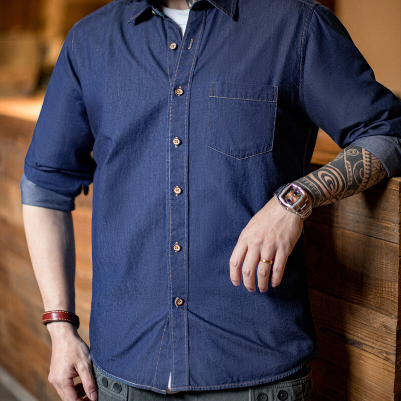 Maden Men Vintažiniai vienkišeniniai darbo drabužiai Džinsiniai marškiniai ilgomis rankovėmis Slim Fit laisvalaikio marškiniai su viena krūtine, nuleidžiama apykakle palaidinė