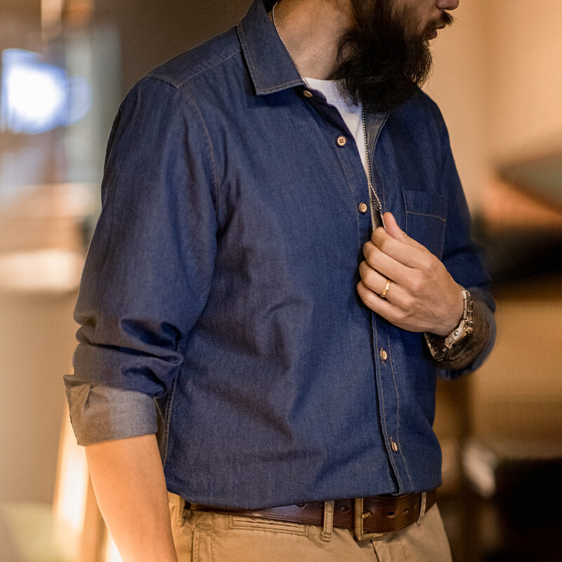Maden Men Vintažiniai vienkišeniniai darbo drabužiai Džinsiniai marškiniai ilgomis rankovėmis Slim Fit laisvalaikio marškiniai su viena krūtine, nuleidžiama apykakle palaidinė