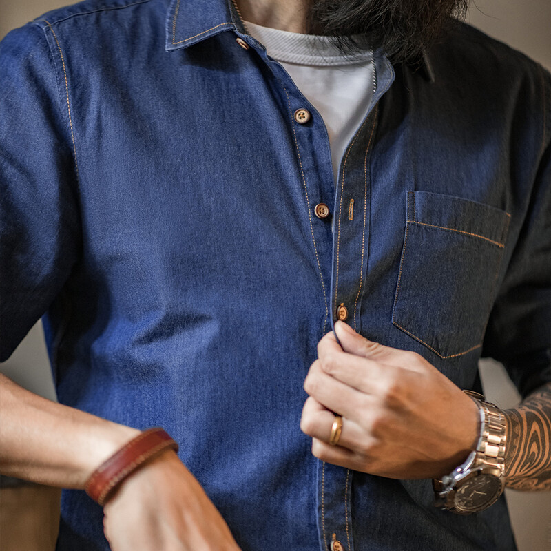 Maden Men Vintažiniai vienkišeniniai darbo drabužiai Džinsiniai marškiniai ilgomis rankovėmis Slim Fit laisvalaikio marškiniai su viena krūtine, nuleidžiama apykakle palaidinė