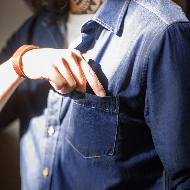 Maden Men Vintažiniai vienkišeniniai darbo drabužiai Džinsiniai marškiniai ilgomis rankovėmis Slim Fit laisvalaikio marškiniai su viena krūtine, nuleidžiama apykakle palaidinė