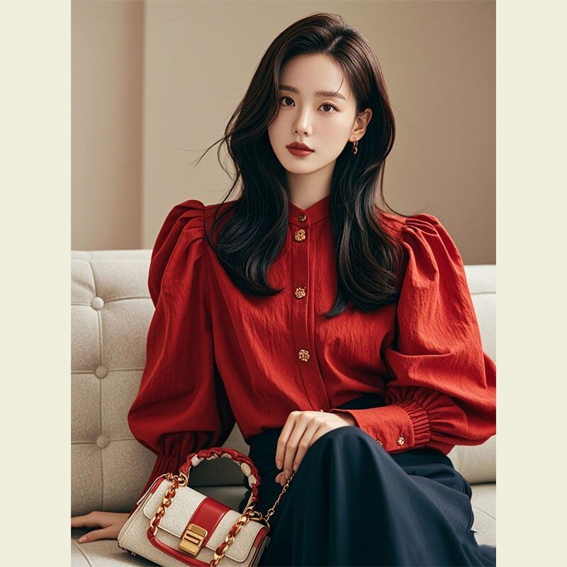 Moterų pavasaris ruduo Elegantiškas temperamentas vientisos spalvos polo apykaklės palaidinė Moteriška Paprastumas Biuro Lady Lantern rankovėmis madingi palaidinės