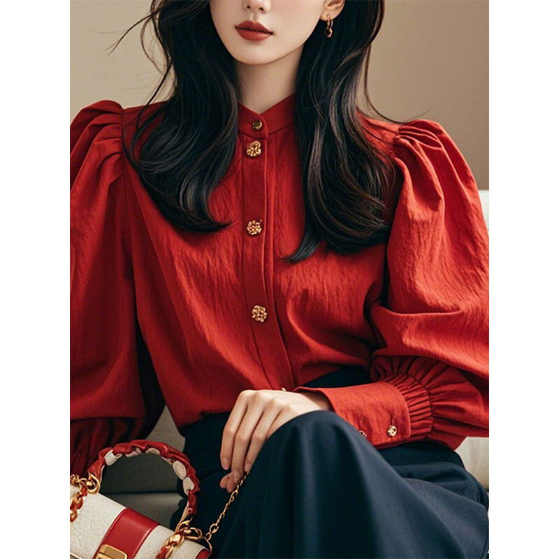 Moterų pavasaris ruduo Elegantiškas temperamentas vientisos spalvos polo apykaklės palaidinė Moteriška Paprastumas Biuro Lady Lantern rankovėmis madingi palaidinės