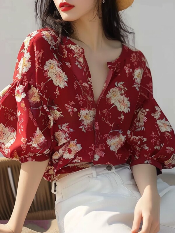 Šifona sieviešu krekli Vasaras vintage blūzes brīvas īsās piedurknes sieviešu topi Apdrukas Modes apģērbi