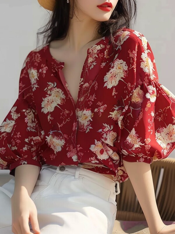 Šifona sieviešu krekli Vasaras vintage blūzes brīvas īsās piedurknes sieviešu topi Apdrukas Modes apģērbi