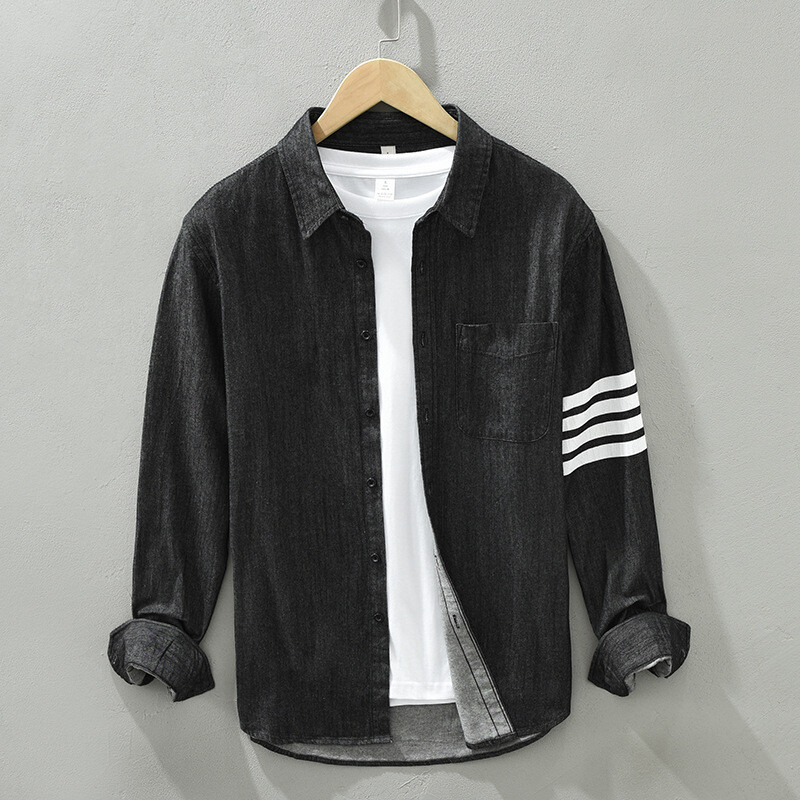 Džinsiniai marškinėliai ilgomis rankovėmis vyrams grynos medvilnės, laisvalaikio kaubojiški viršutiniai drabužiai, vyriški, nauji mados juostelėmis užsegami marškiniai