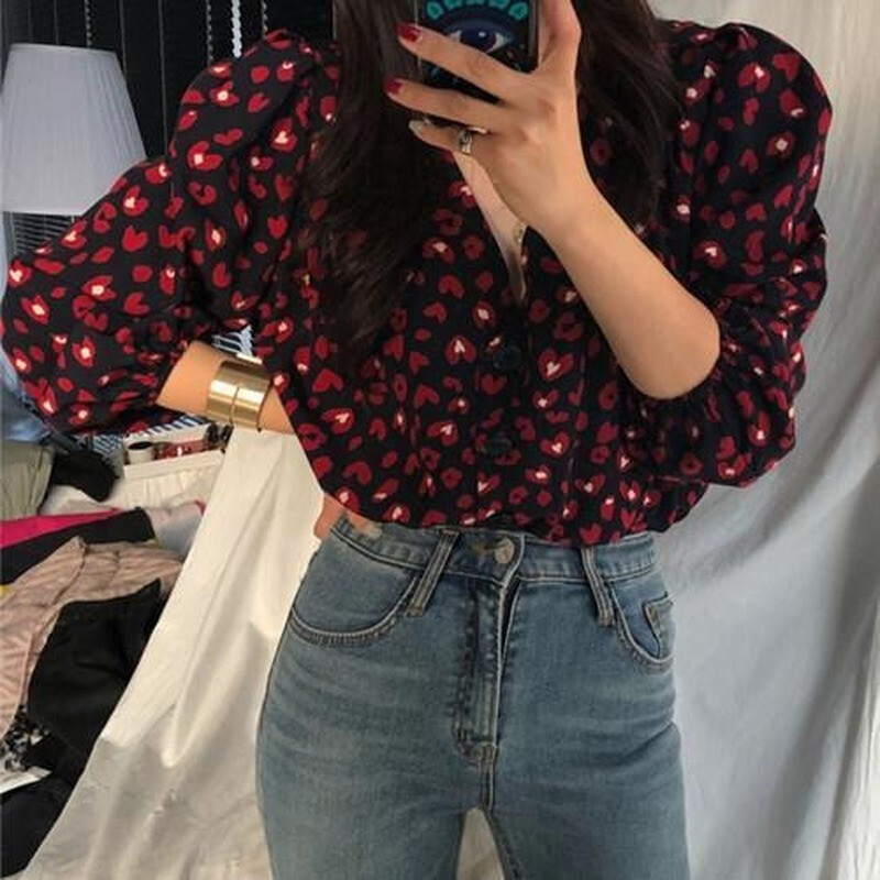 Naiste vintage trükitud V-kaelusega särk, seksikas korea stiilis särk, magus latern, varrukas, retro šikk, kevadine sügis, ühe rinnaga