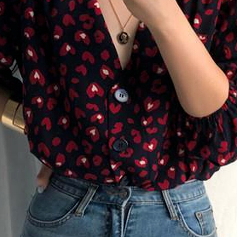 Naiste vintage trükitud V-kaelusega särk, seksikas korea stiilis särk, magus latern, varrukas, retro šikk, kevadine sügis, ühe rinnaga