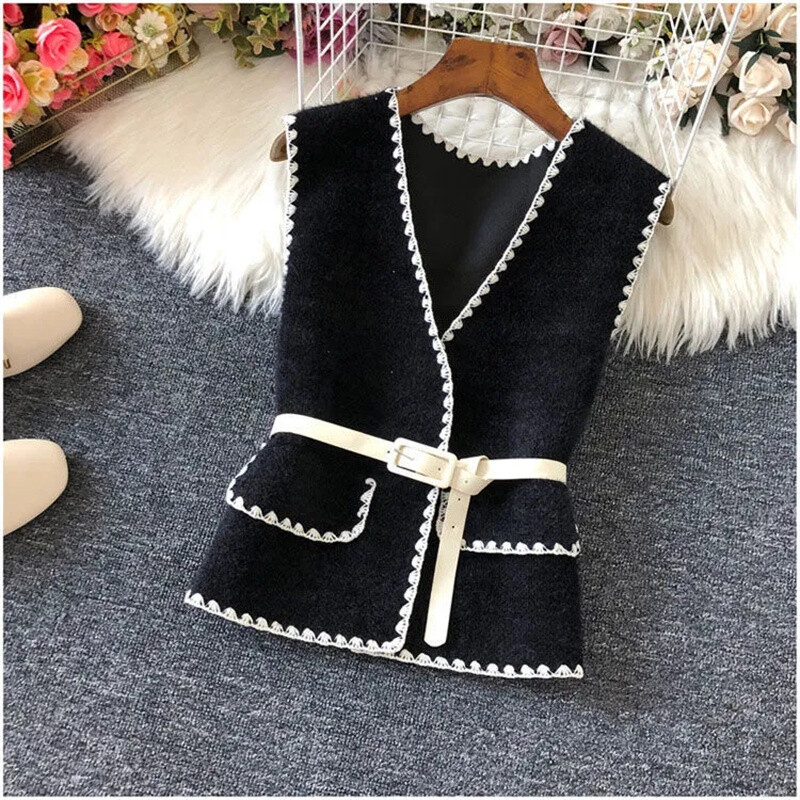 Korejas 2023. gada jauna sieviešu vilnas veste, ādas un kažokādas integrēta modes veste, sieviešu īsa jaka bez piedurknēm ar V-apkakli