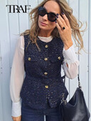 TRAF 2024 m. rudens vintažiniai laisvalaikio prašmatnūs moteriški viršutiniai vyriai su auksinėmis sagomis O formos iškirpte be rankovių trumpa liemenė