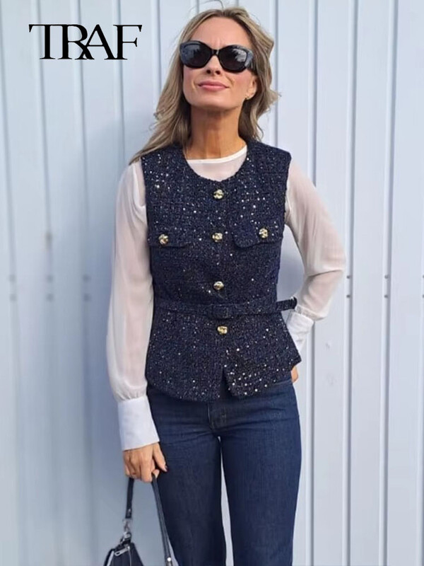 TRAF 2024 m. rudens vintažiniai laisvalaikio prašmatnūs moteriški viršutiniai vyriai su auksinėmis sagomis O formos iškirpte be rankovių trumpa liemenė