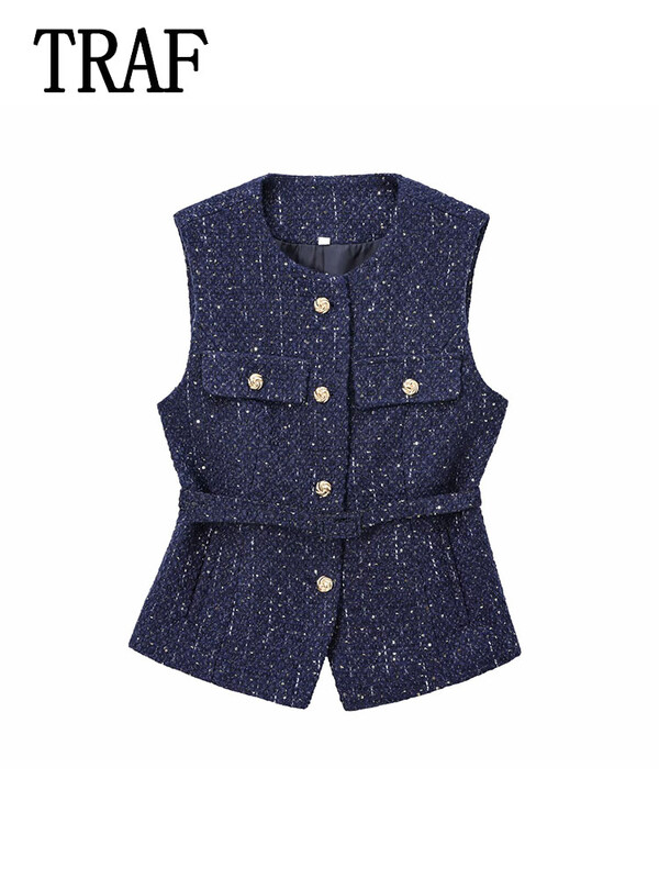 TRAF 2024 m. rudens vintažiniai laisvalaikio prašmatnūs moteriški viršutiniai vyriai su auksinėmis sagomis O formos iškirpte be rankovių trumpa liemenė