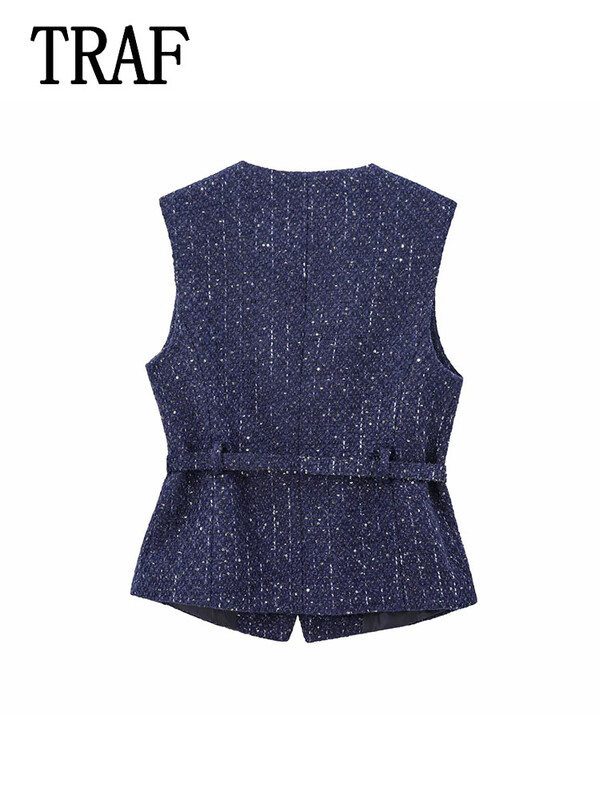 TRAF 2024 m. rudens vintažiniai laisvalaikio prašmatnūs moteriški viršutiniai vyriai su auksinėmis sagomis O formos iškirpte be rankovių trumpa liemenė