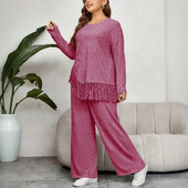 Комплект от две части Дамски широки комплекти широки панталони с неправилни пискюли и дълги ръкави с големи размери Есенно-зимни дамски модни дрехи