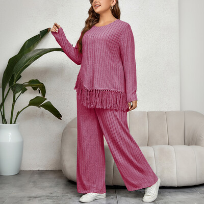 Комплект от две части Дамски широки комплекти широки панталони с неправилни пискюли и дълги ръкави с големи размери Есенно-зимни дамски модни дрехи