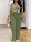 Комплект от 2 части Секси плюс размер Пролет Есен Моден дамски комплект Дамски горнища с дълъг ръкав Риза с горнища и панталони Костюм Подходящо облекло