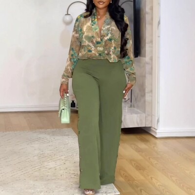 Комплект от 2 части Секси плюс размер Пролет Есен Моден дамски комплект Дамски горнища с дълъг ръкав Риза с горнища и панталони Костюм Подходящо облекло