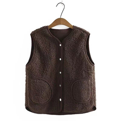 Dvipusis dėvimas ėrienos vilnos liemenė, moteriška rudens žiemos laisva be rankovių velvetinė liemenė Striukė Madinga kišenė Gilet Femme
