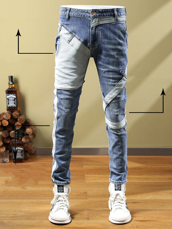 Kevad-sügis Uus Mees Püksid Korea Tänavarõivad Mood Kauboi Pestud Spliced Luksuslikud Slim Fit Hip-hop Stretch Püksid Meeste Teksad