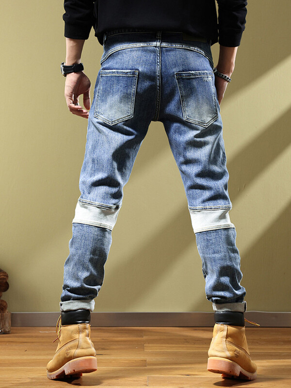 Kevad-sügis Uus Mees Püksid Korea Tänavarõivad Mood Kauboi Pestud Spliced Luksuslikud Slim Fit Hip-hop Stretch Püksid Meeste Teksad