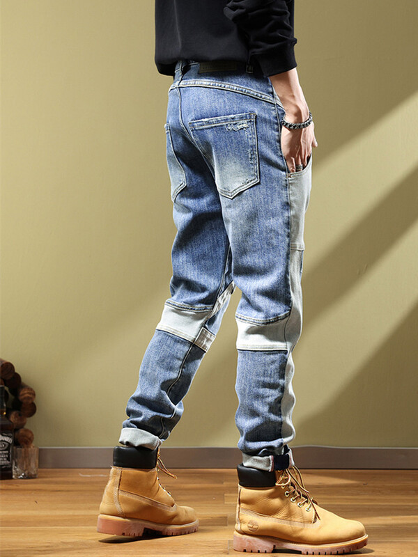 Kevad-sügis Uus Mees Püksid Korea Tänavarõivad Mood Kauboi Pestud Spliced Luksuslikud Slim Fit Hip-hop Stretch Püksid Meeste Teksad