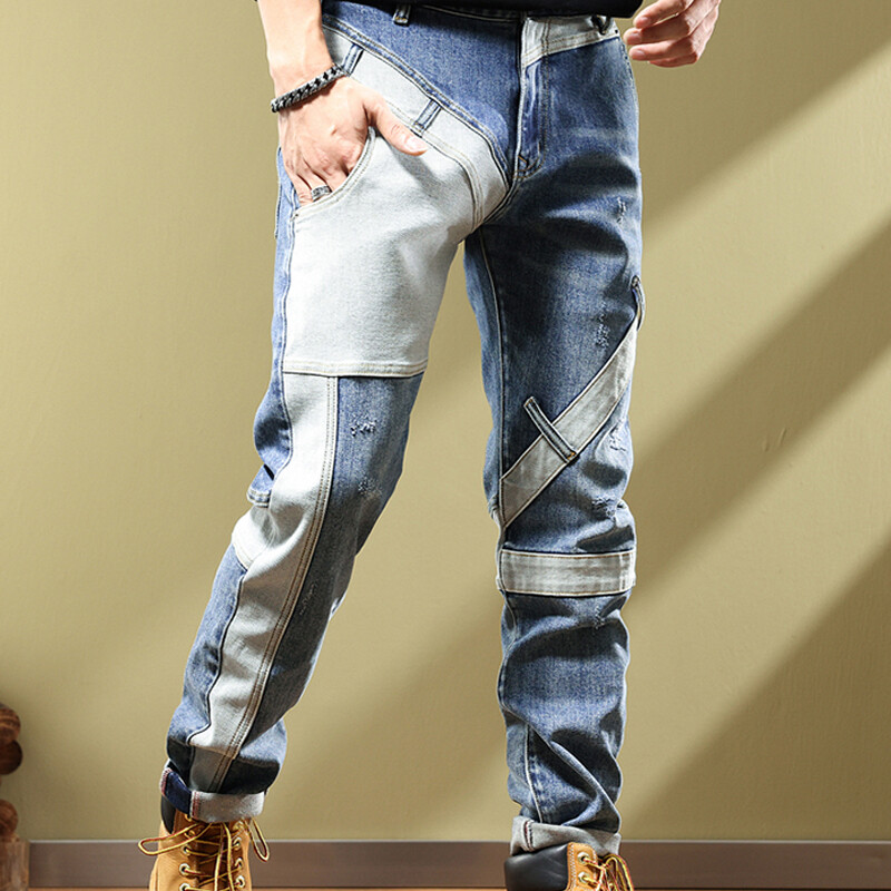 Kevad-sügis Uus Mees Püksid Korea Tänavarõivad Mood Kauboi Pestud Spliced Luksuslikud Slim Fit Hip-hop Stretch Püksid Meeste Teksad