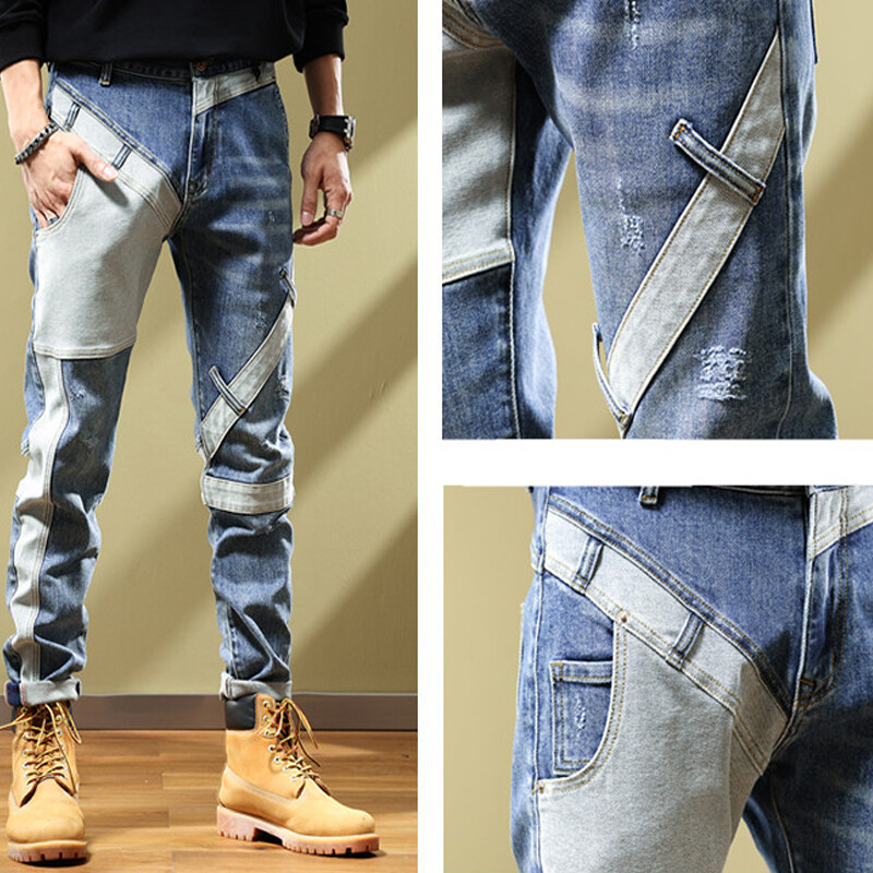 Kevad-sügis Uus Mees Püksid Korea Tänavarõivad Mood Kauboi Pestud Spliced Luksuslikud Slim Fit Hip-hop Stretch Püksid Meeste Teksad